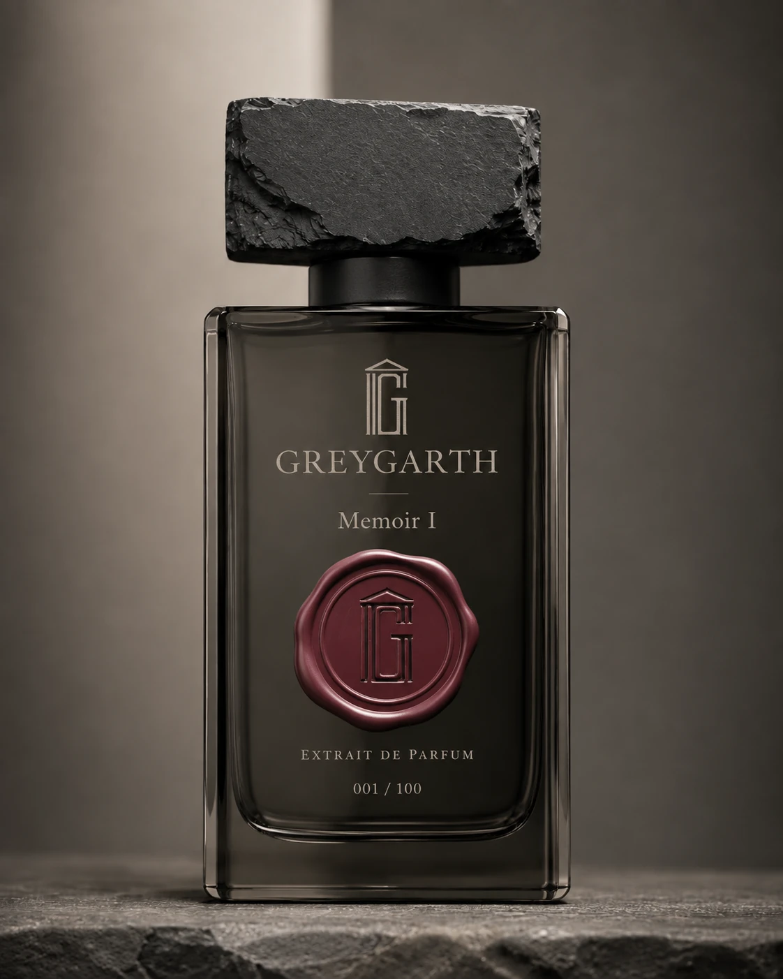 Concept study for the Greygarth Memoir I bottle: smoked glass, slate cap and wax seal